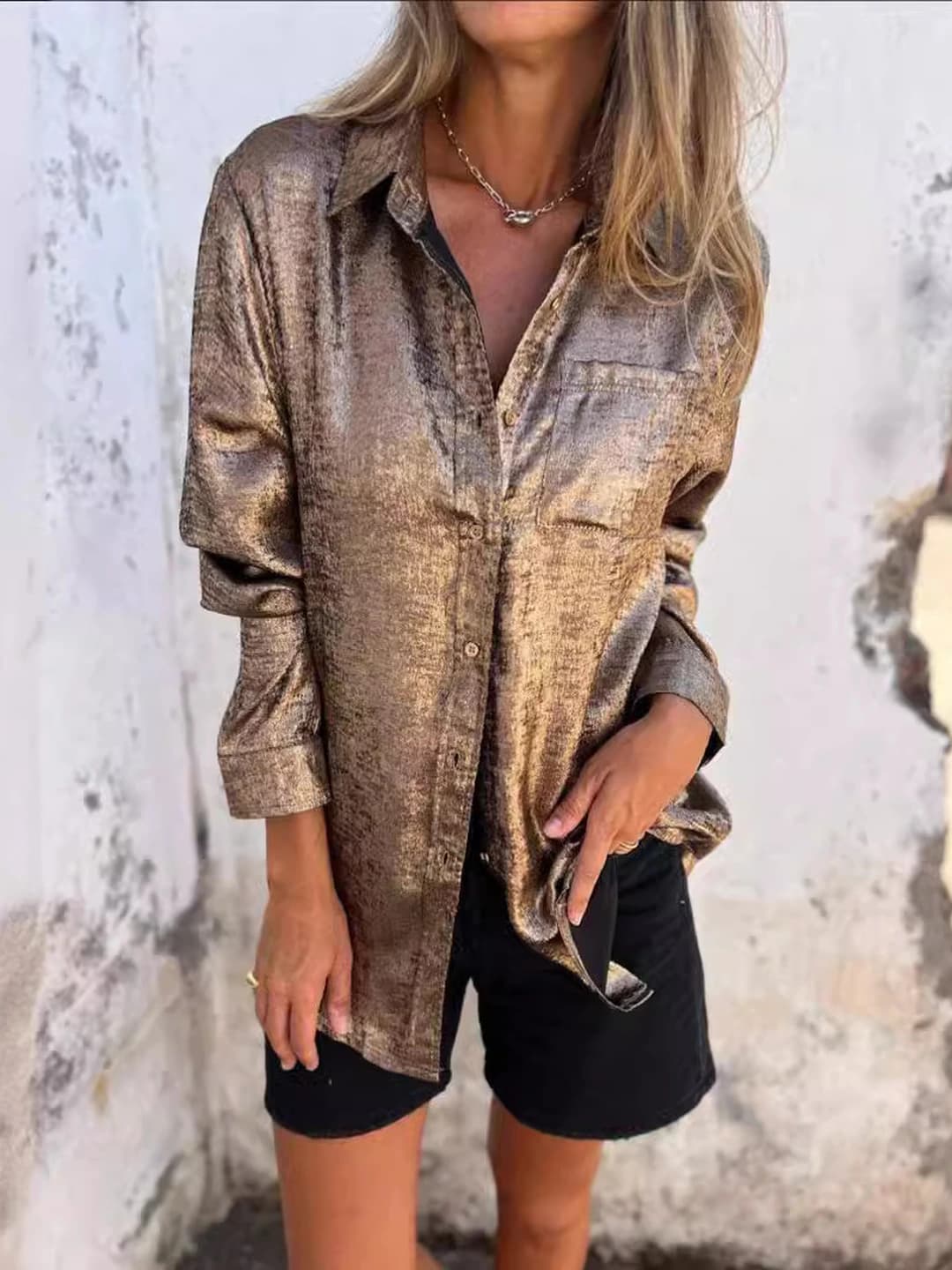 Women's spring 2026 casual blouse: long sleeve, lapel collar, mid-length, polyester and spandex blend