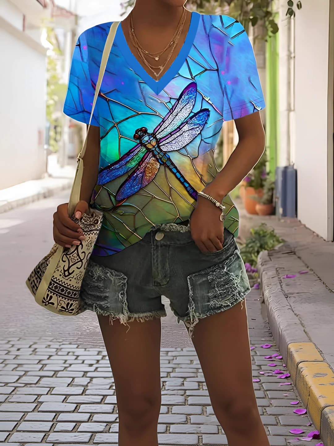 Women's plus size V-neck short sleeve loose fit 3D printed t-shirt