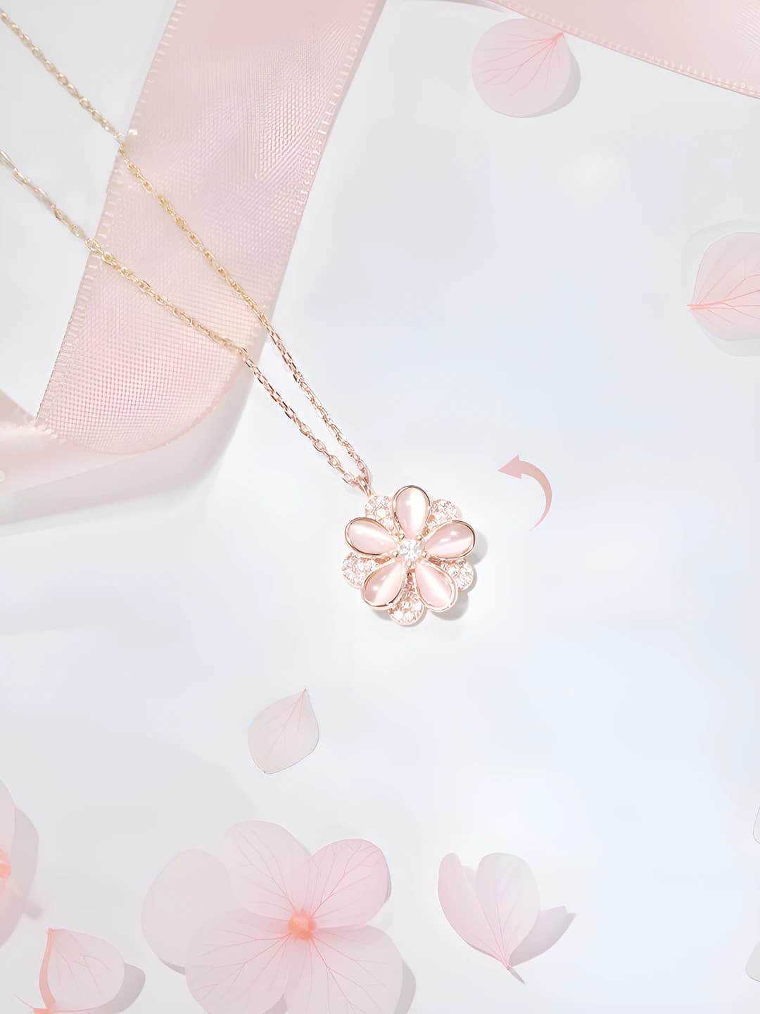 Women's pink sakura pendant necklace, 925 silver, ins style design element, cross chain, 41-50 cm, 3 g