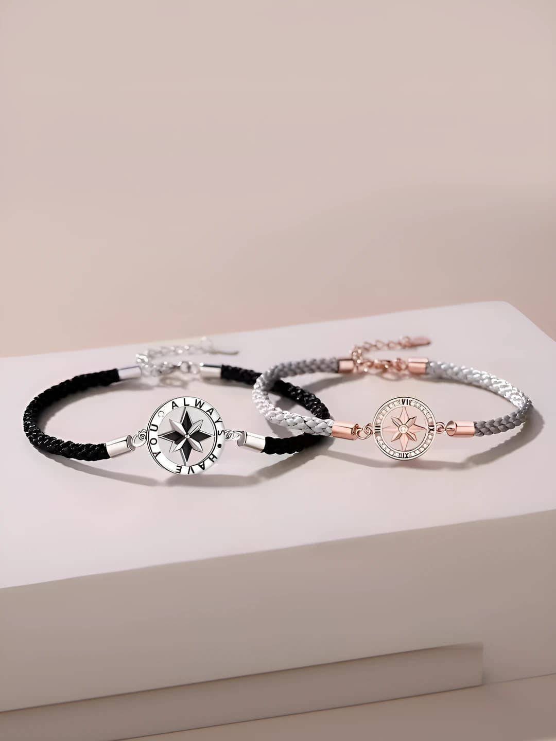 Couples bracelet with 925 sterling silver plating, hand-woven, featuring eight-pointed star and infinity symbol design