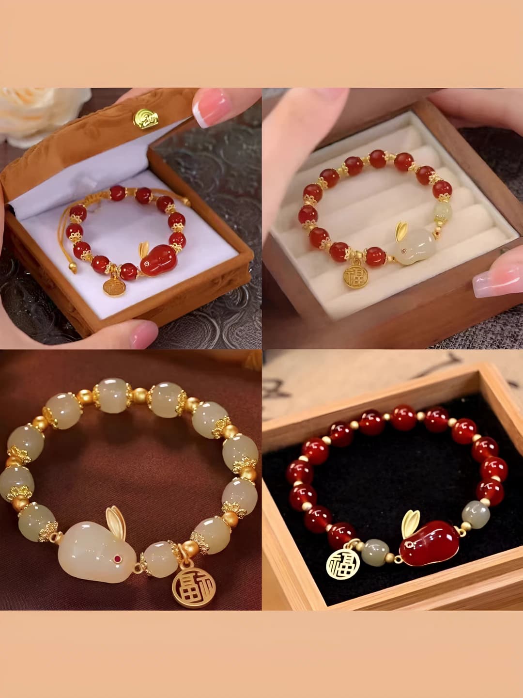 Women's bracelet: glass/glassware, rabbit design element, cute style