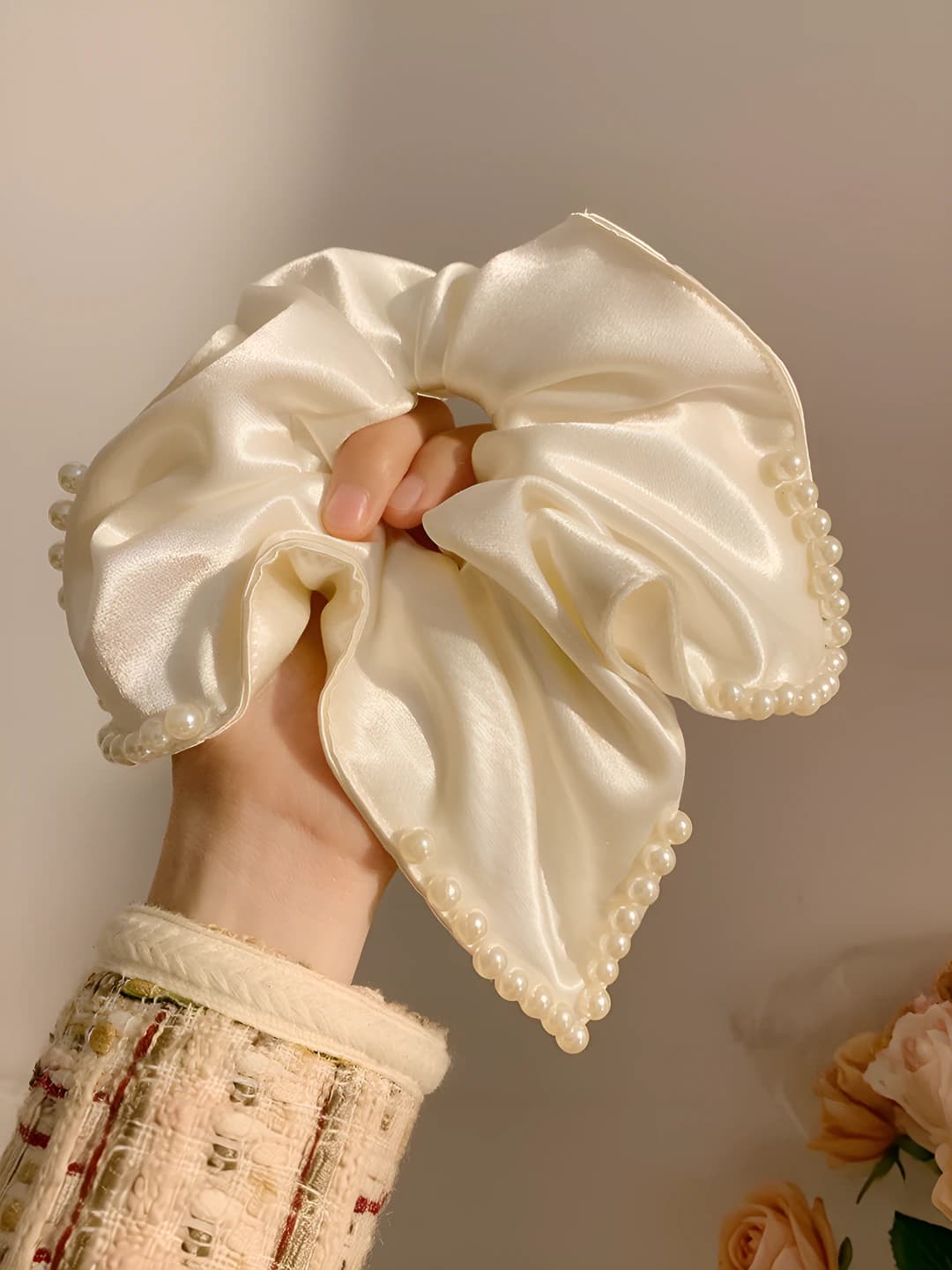 16# Beige satin beaded scarf-25cm