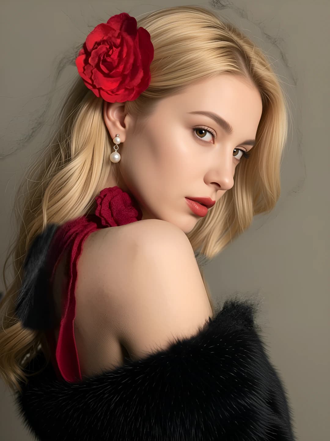 Women's retro red rose hair clip, fabric material, handmade, rhinestone embellishment