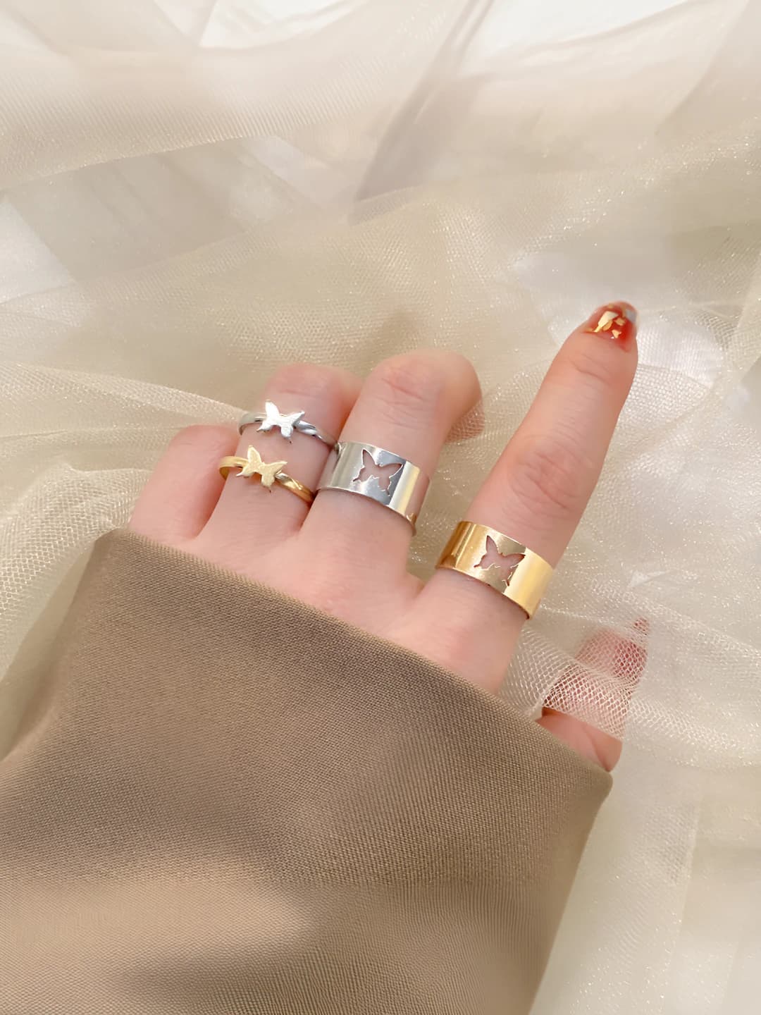 Women's butterfly ring set, 2-piece set, simple style, punk style couple rings