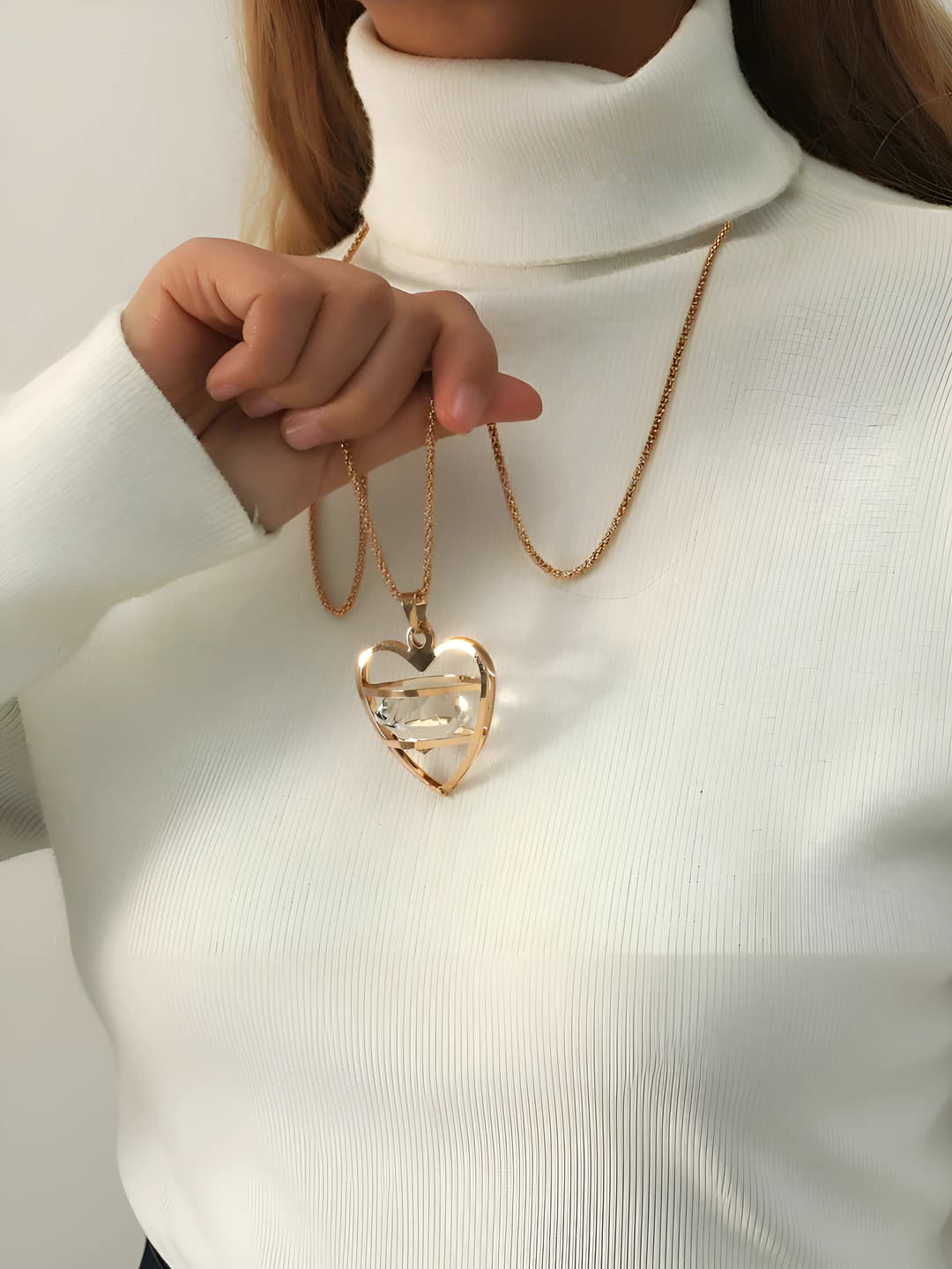 Women's long retro cable knit sweater pendant necklace with heart charm