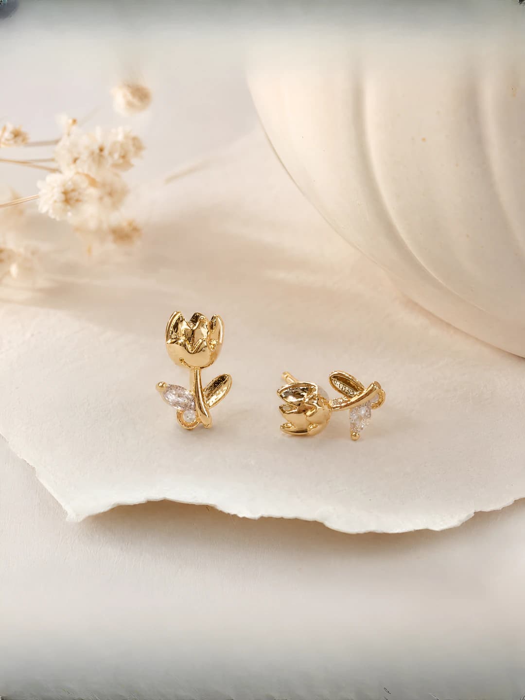 Women's tulip flower stud earrings with zircon, brass, eco-friendly plating