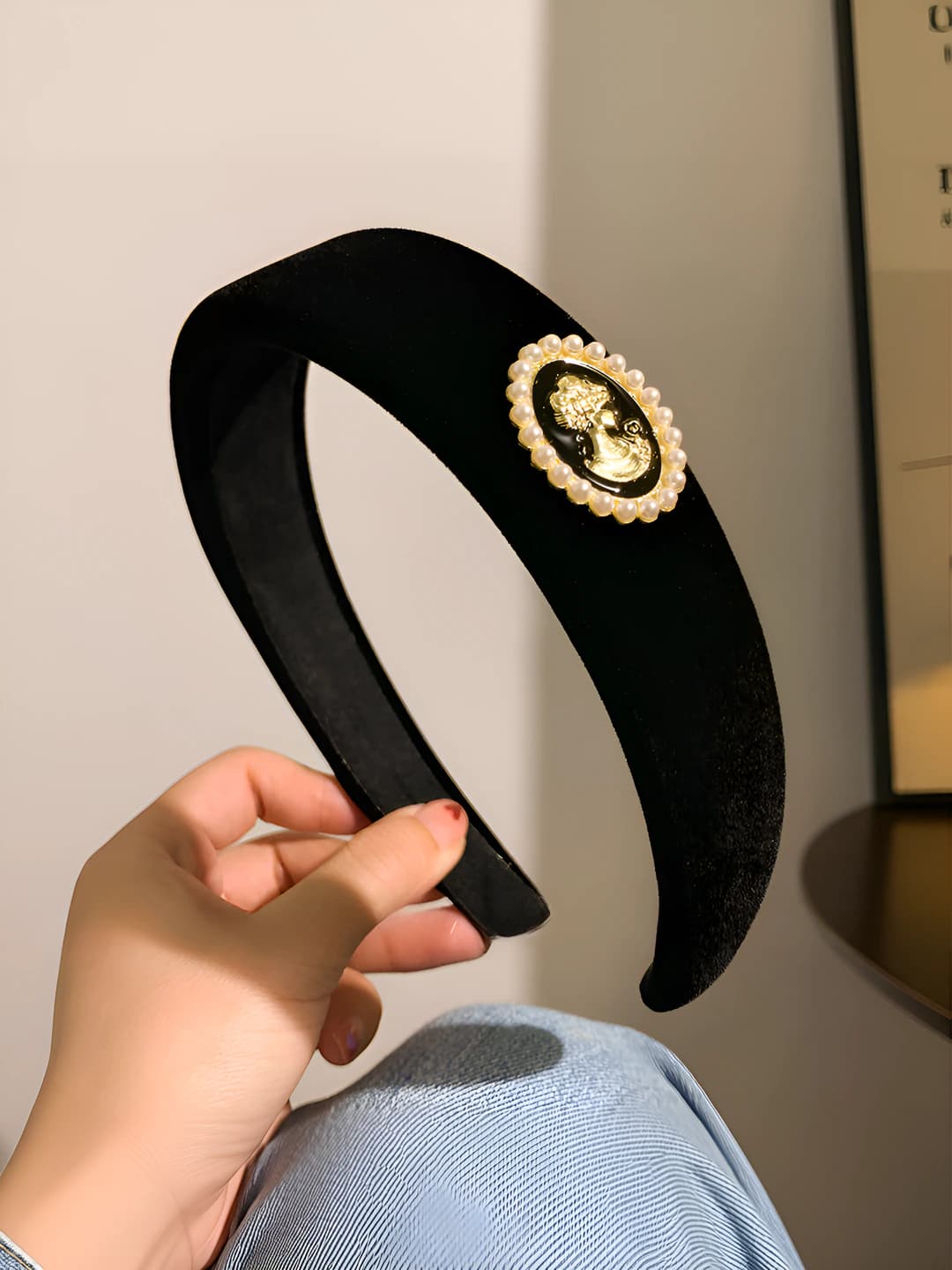 Black velvet pearl portrait headband