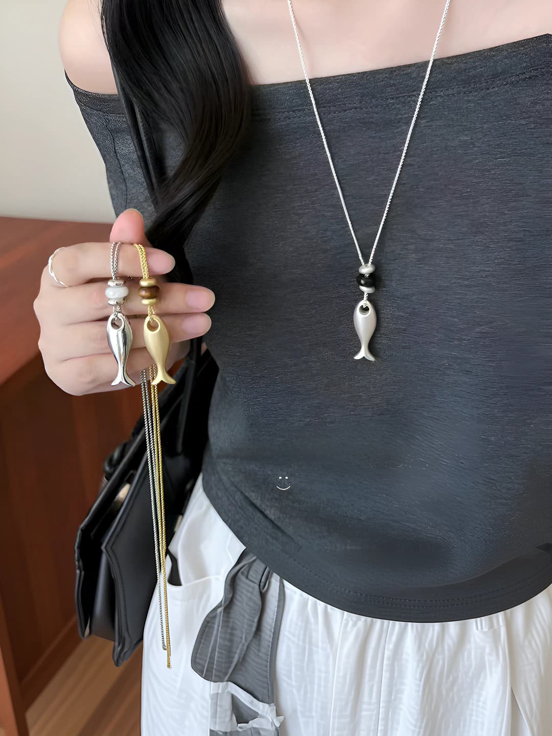 Women's long fish pendant necklace, silver color, Korean style, sweater chain, collarbone chain