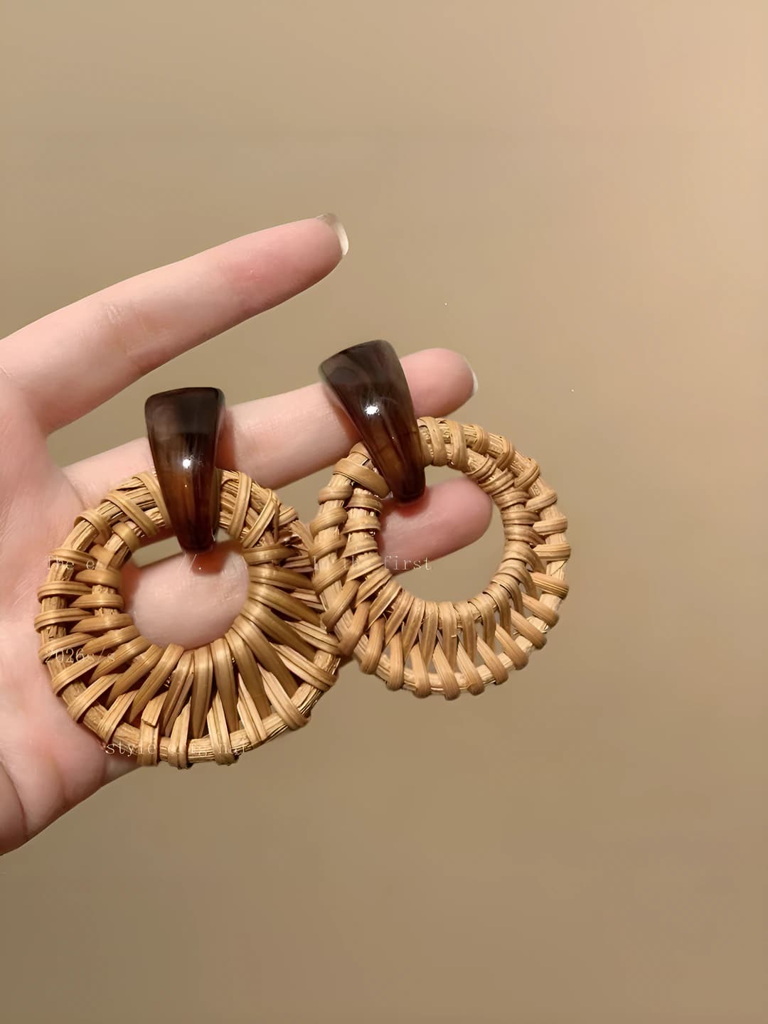 Dark coffee round woven stud earrings-6.3CM