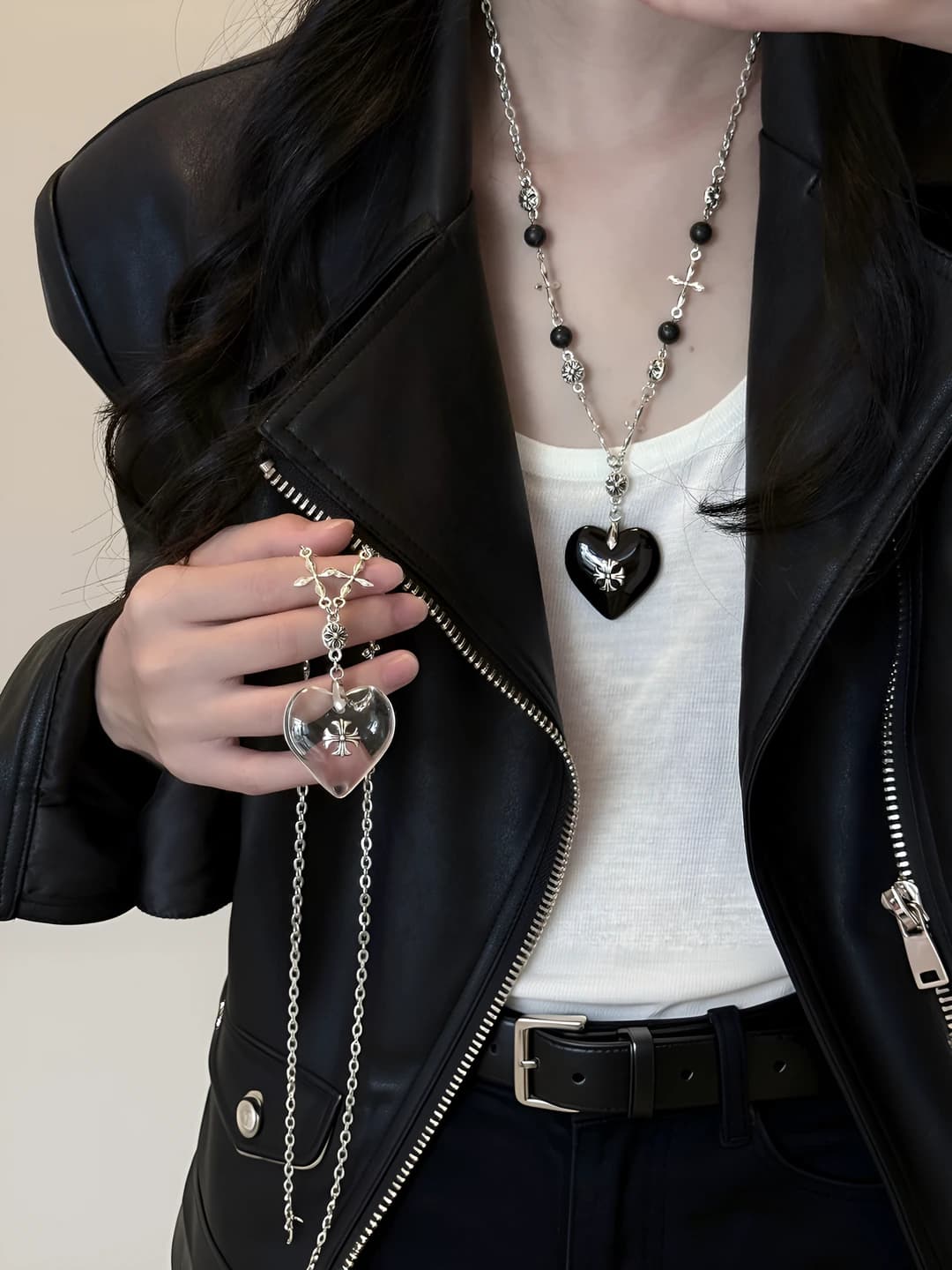 Long sweater chain for women: heart and geometric pendant, titanium steel, cold style