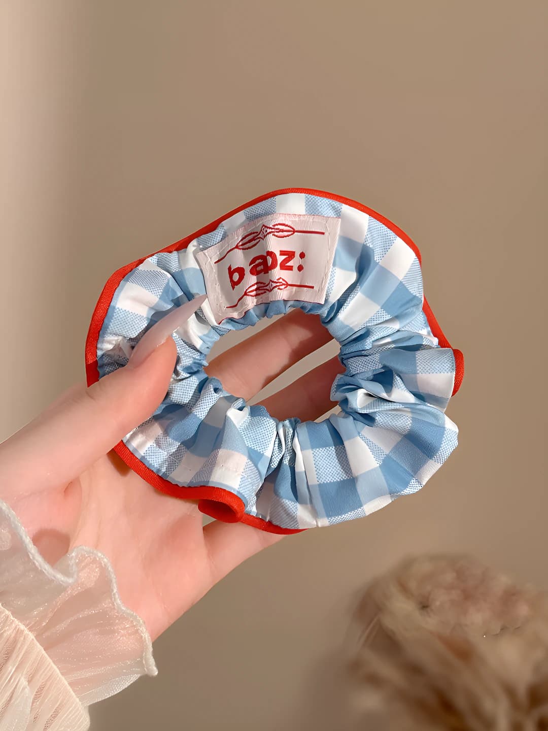 Blue plaid scrunchie ~12 cm