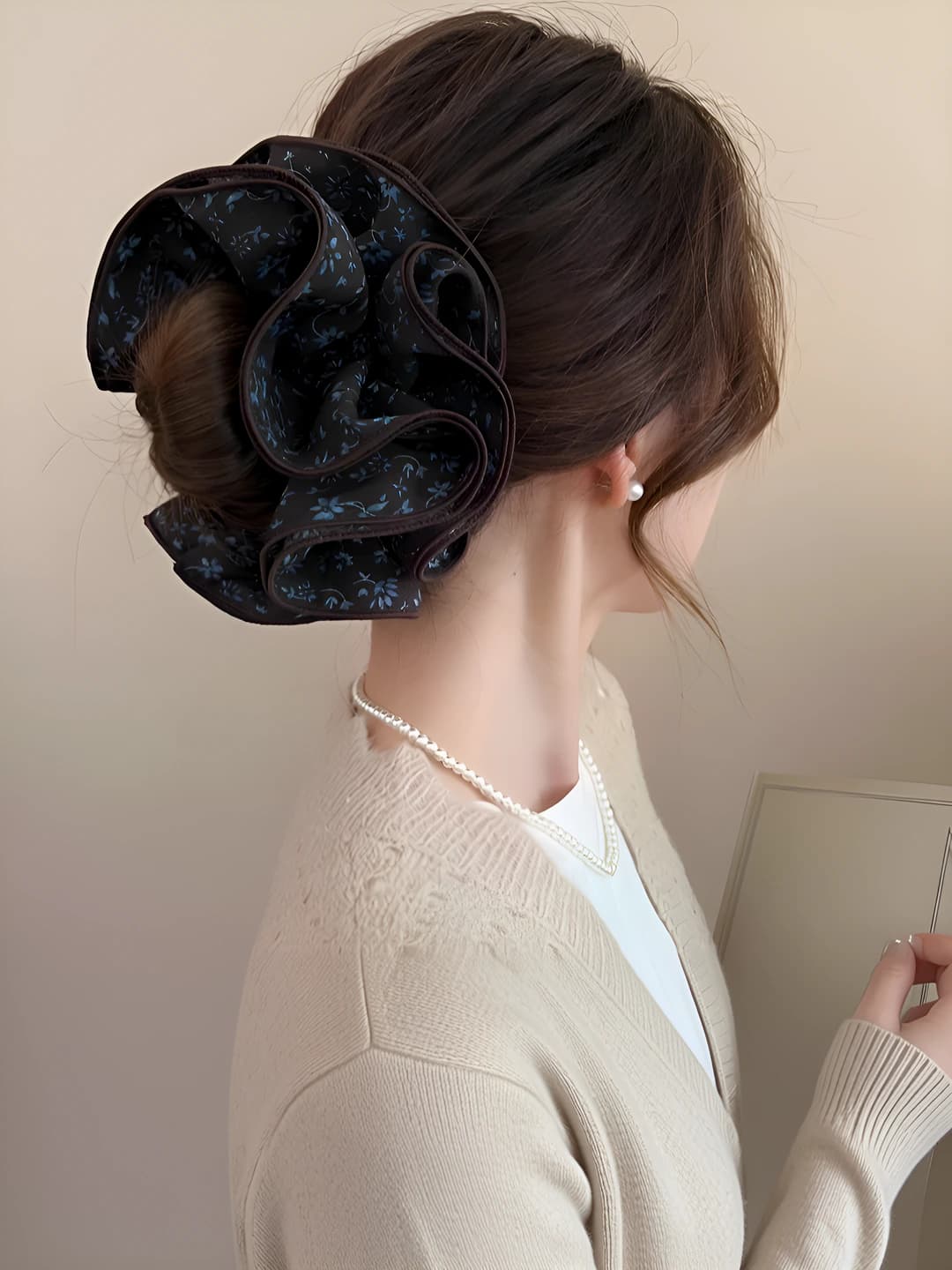 9# Navy floral double layer hair tie - 16cm