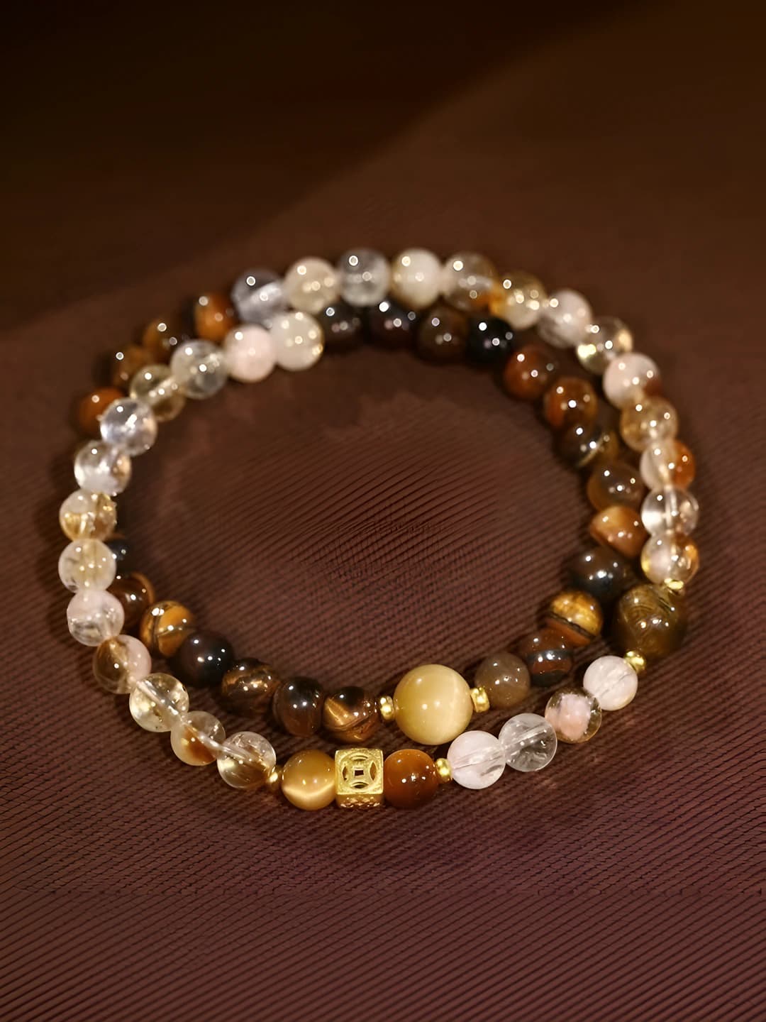 Women's beaded crystal bracelet: double strand yellow citrine and tiger eye
