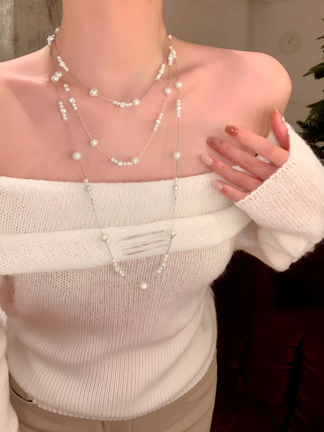 Women's long multi-layer pearl necklace, ins style, geometric shape, 81 cm and above, 20 g