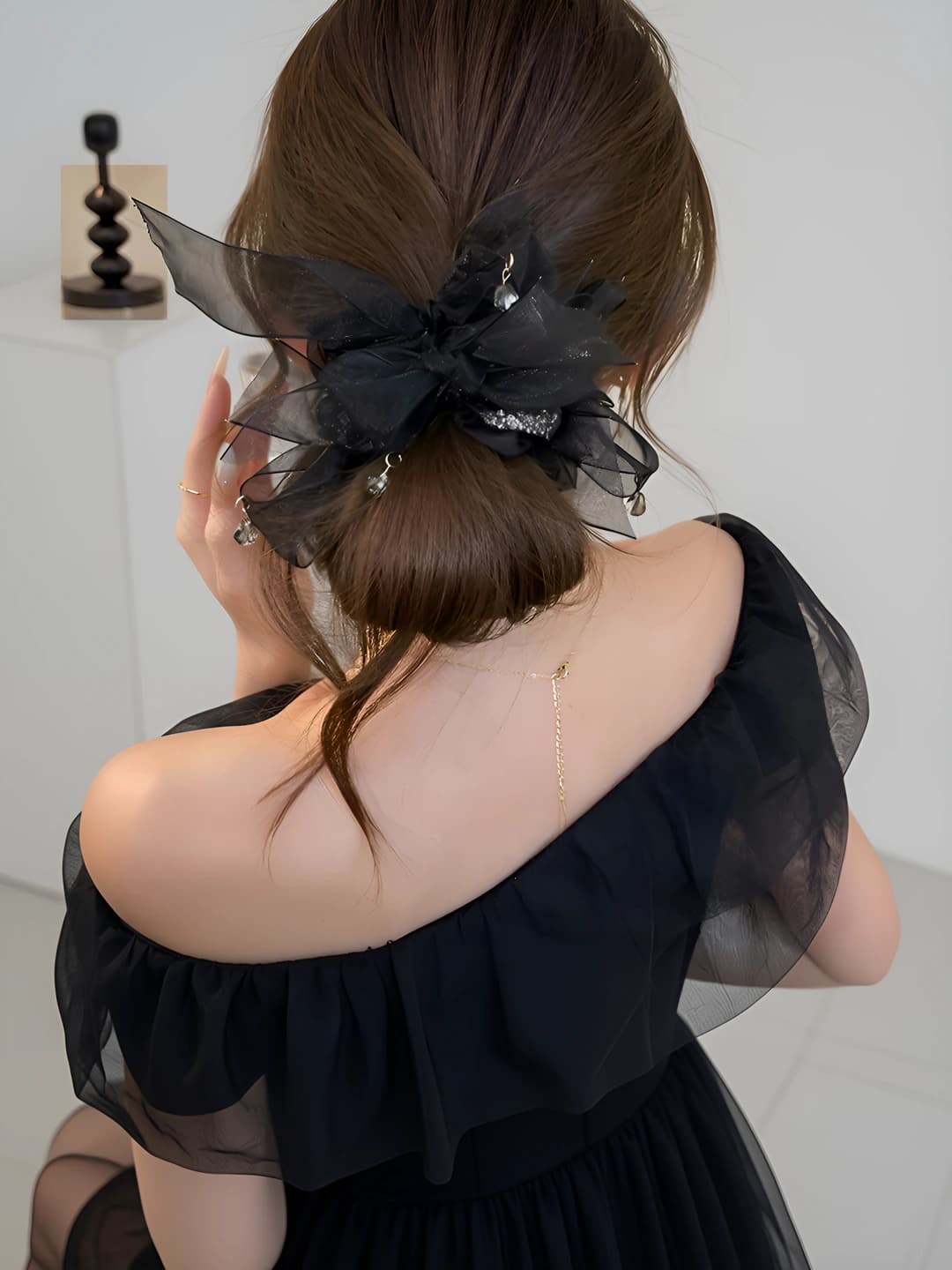 Qora olmosli organza bow soch tasmasi - 13cm