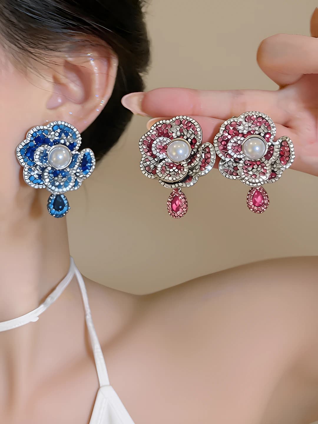 Women's flower earrings with crystal inlay and pearls, steel post, light luxury style jewelry