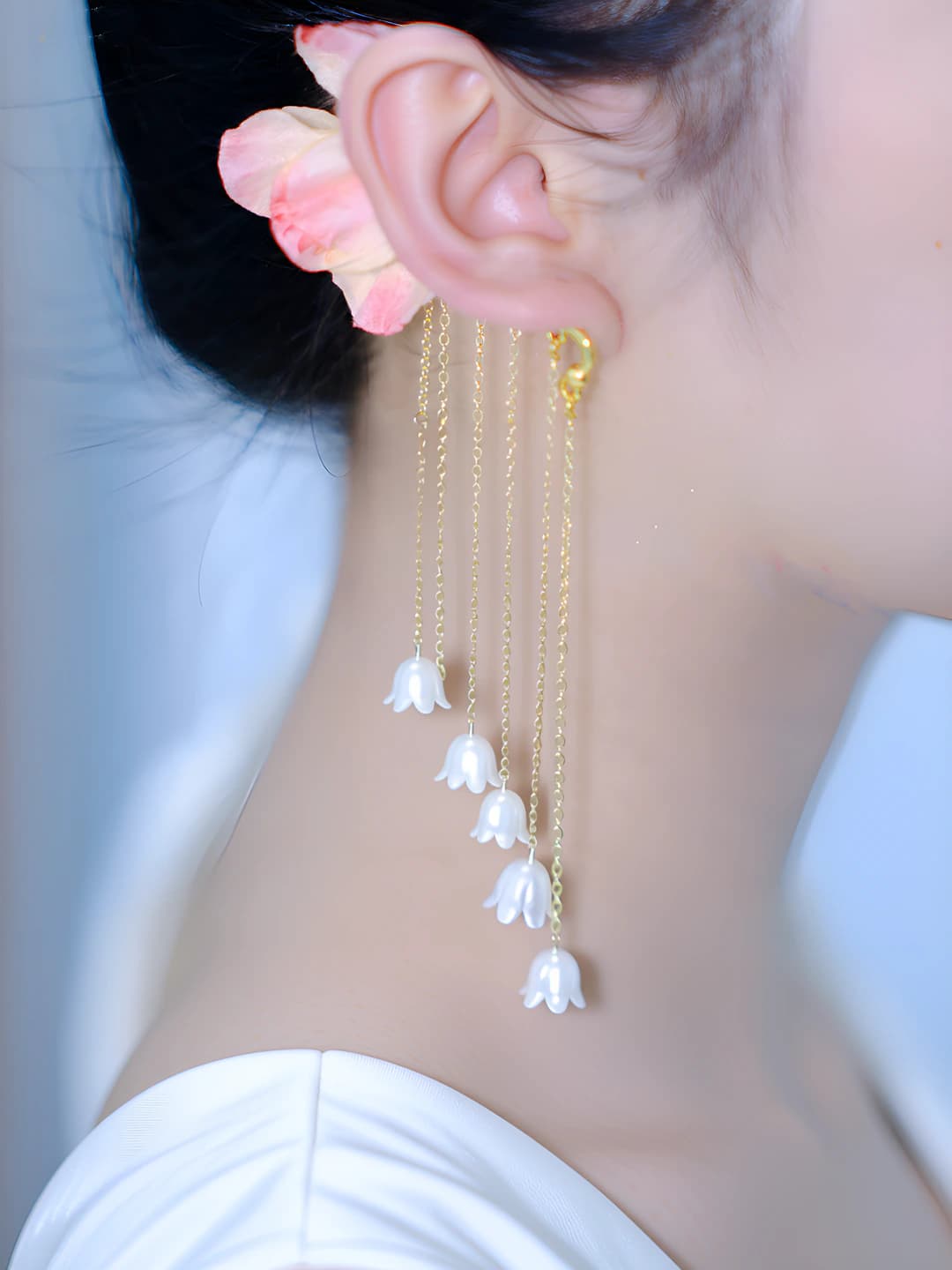 Women's long, large flower, tassel, ear cuff, no piercing, light luxury, high-end, fairy style earrings