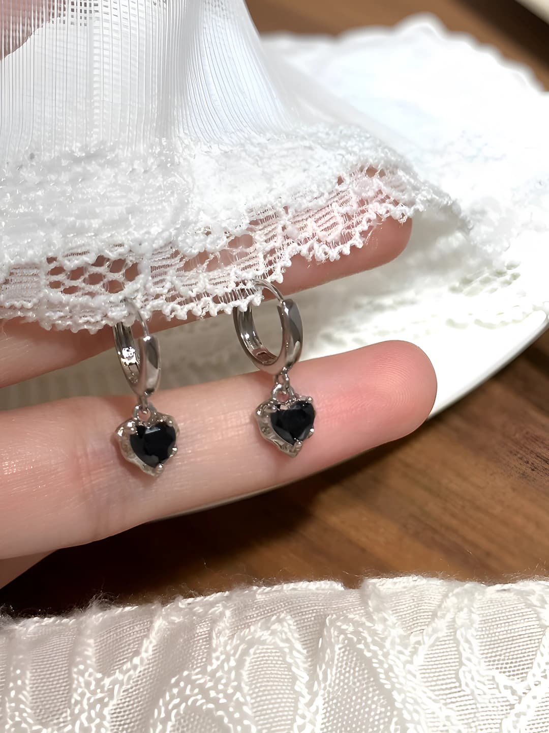 Women's hoop earrings with heart-shaped zircon dangle, silver post, minimalist style