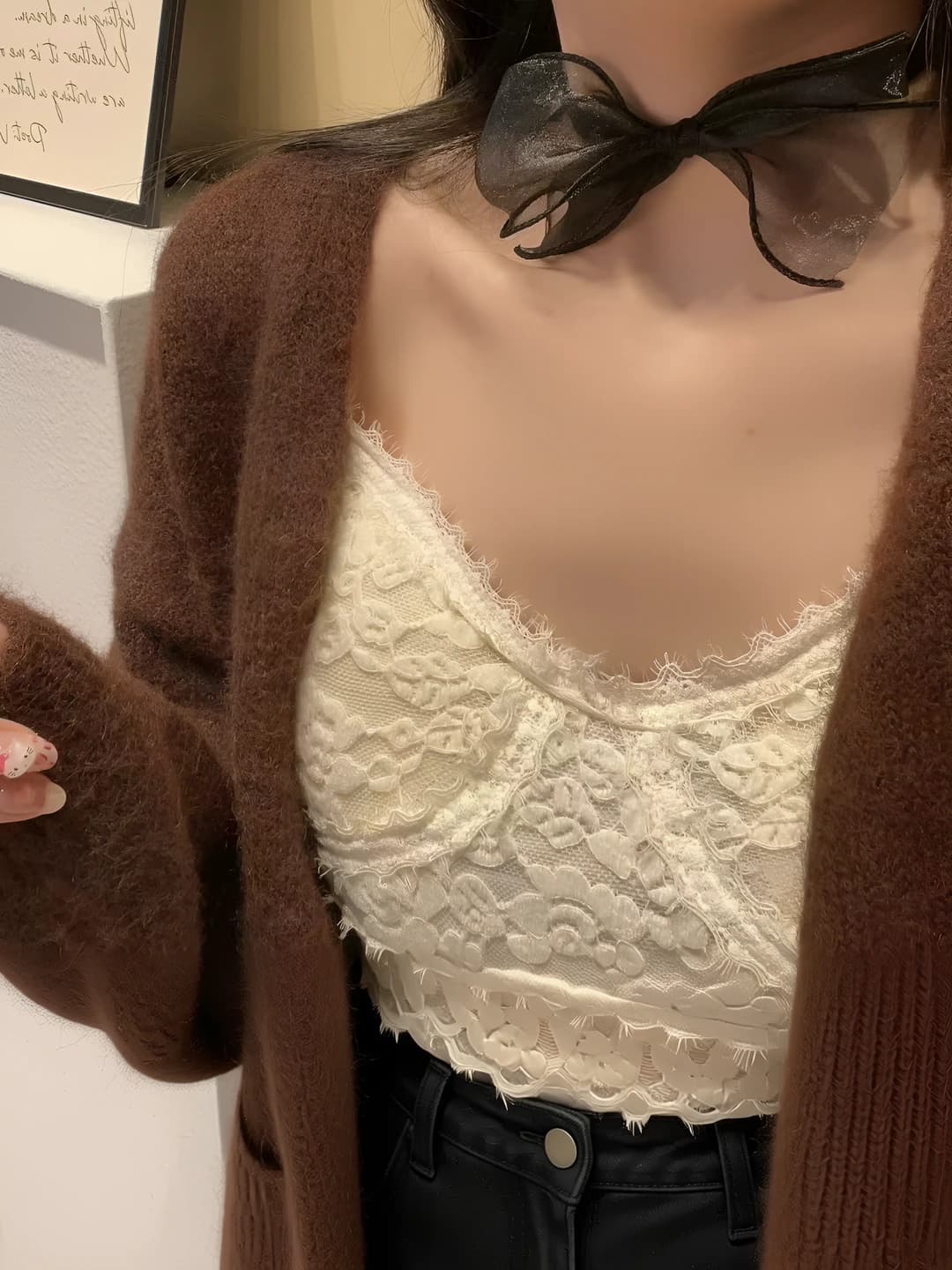 Women's lace bow choker necklace, clavicle chain, polyester, 31-40 cm, sweet and cool style