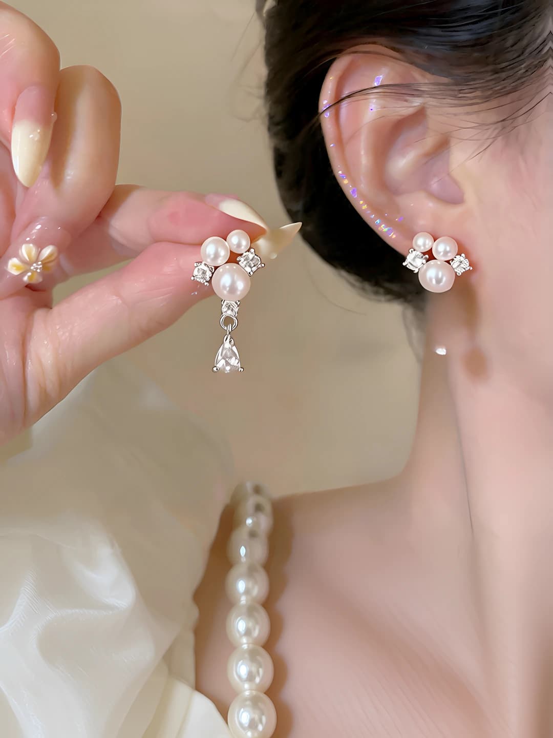 Women's French style zircon drop earrings, imitation pearl, steel, elegant and simple design
