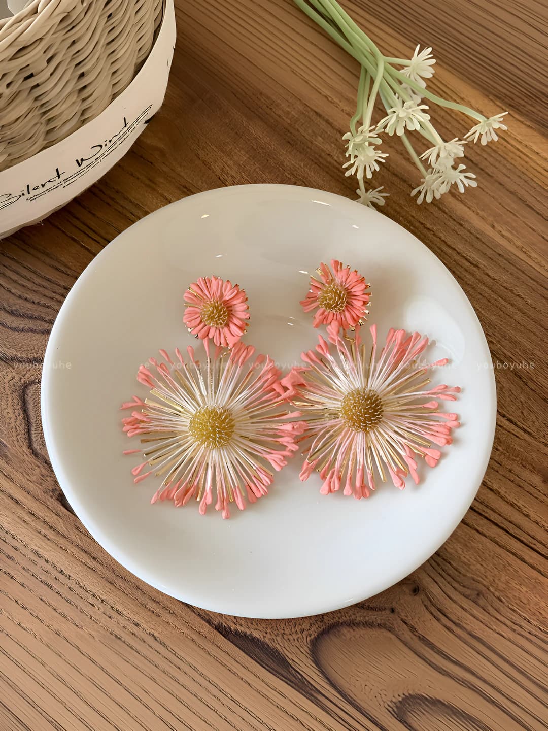 Pink metal sunflower earrings