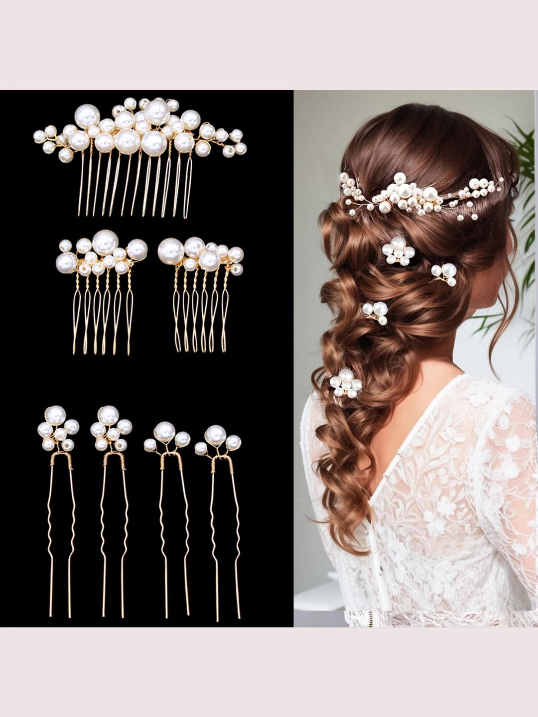 Women's hair accessory set: 3 combs and 4 hairpins, handmade pearls, metal, European and American style
