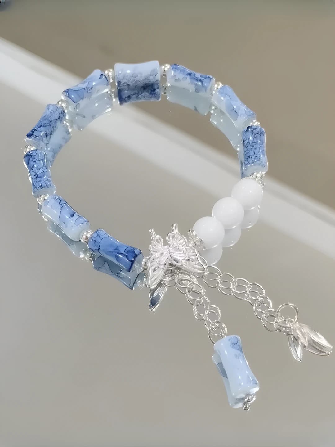 Blue watercolor bamboo butterfly bracelet