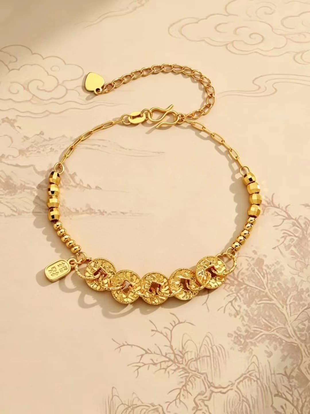Women's bronze bracelet with five emperor coins in new Chinese style, geometric design element