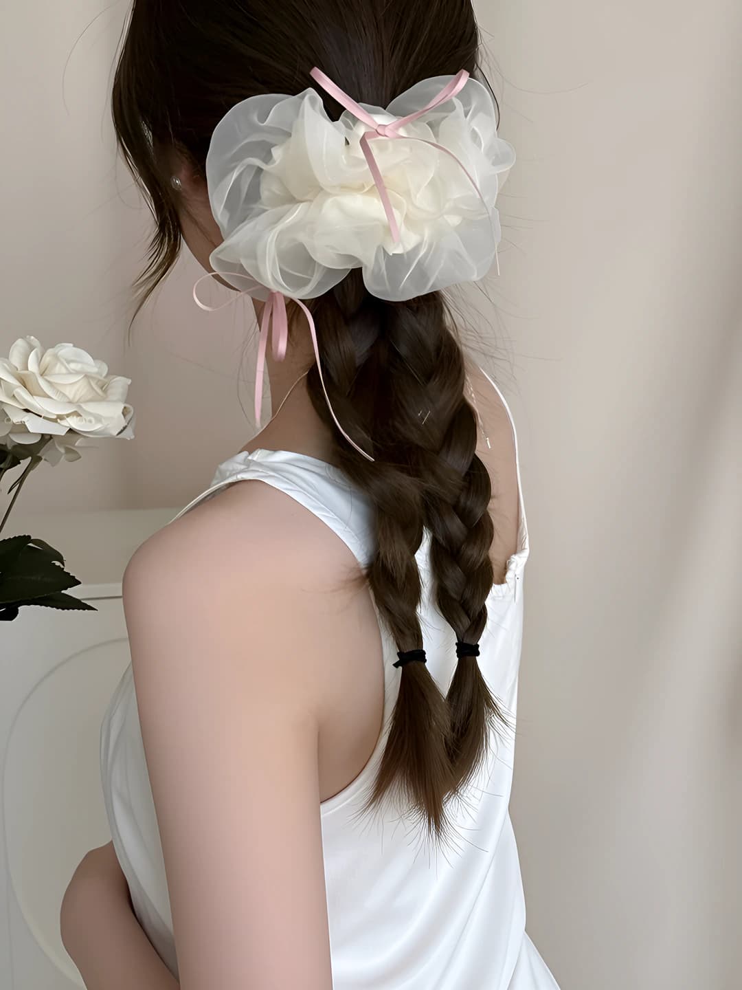 Pink ribbon bow off-white organza 15 cm