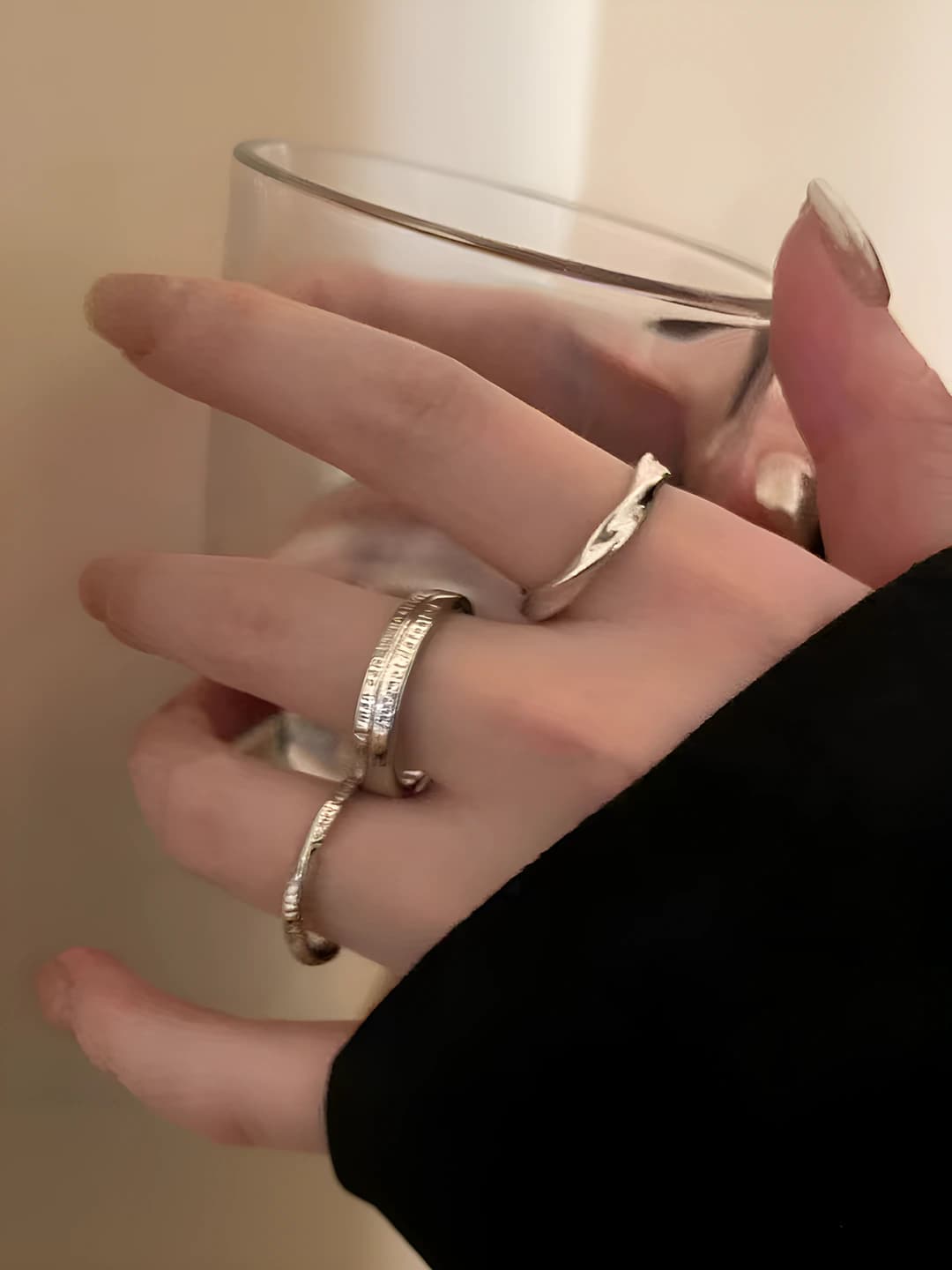 Women's three-piece open band ring set, simple style, alloy, geometric shape