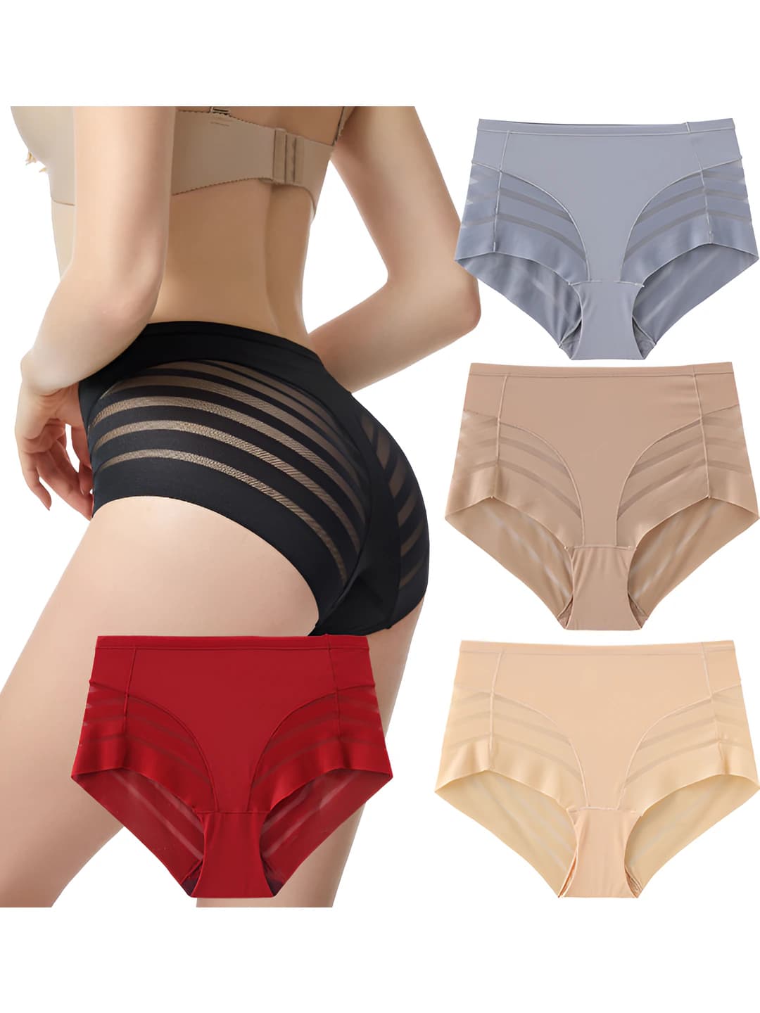 Women's shaping panty: mid-waist, striped, ice-silk fabric, tummy control, hip-lifting, pure cotton gusset, plus size