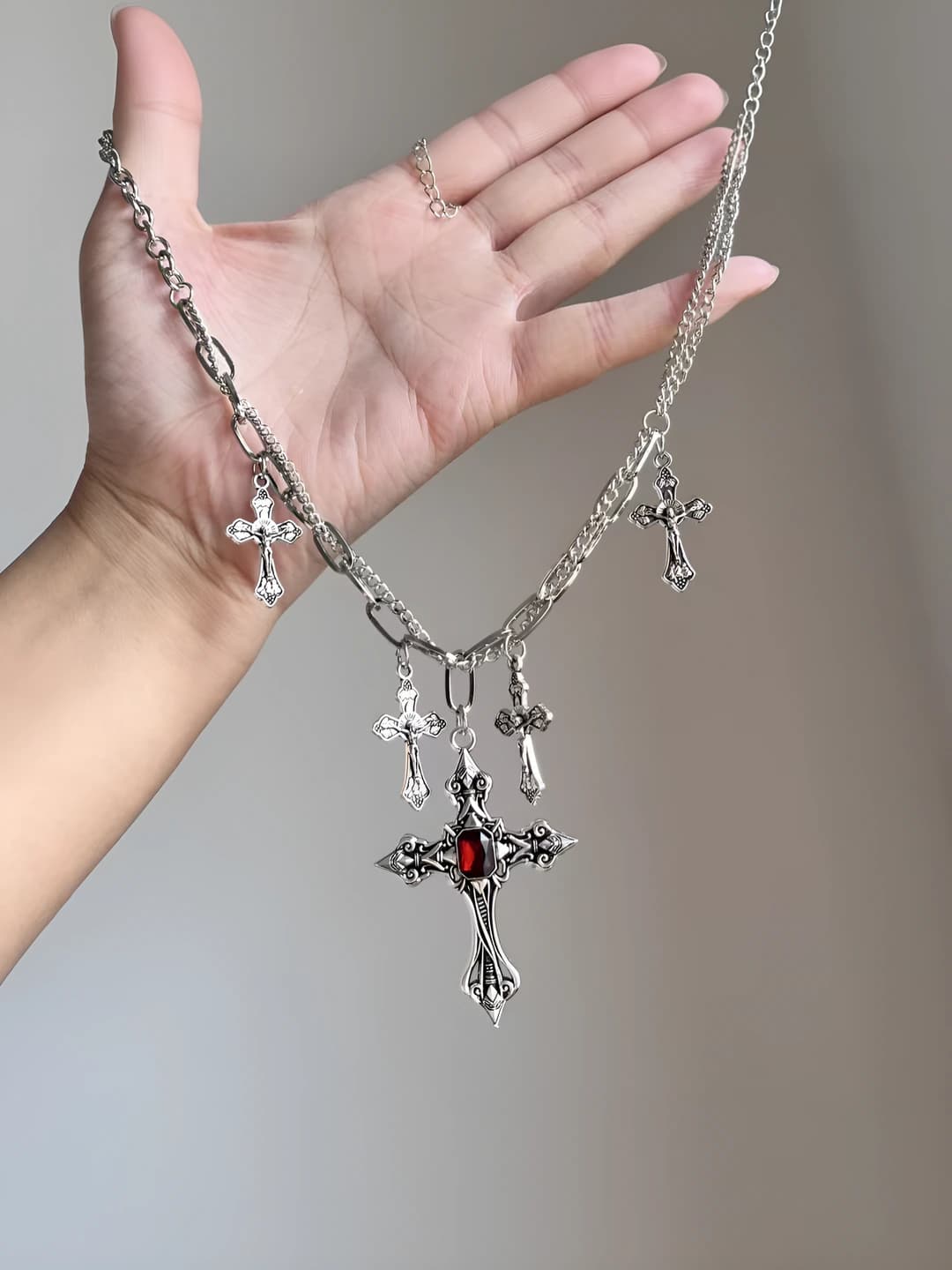 Women's retro cross pendant necklace, black gothic design, autumn-winter sweater chain