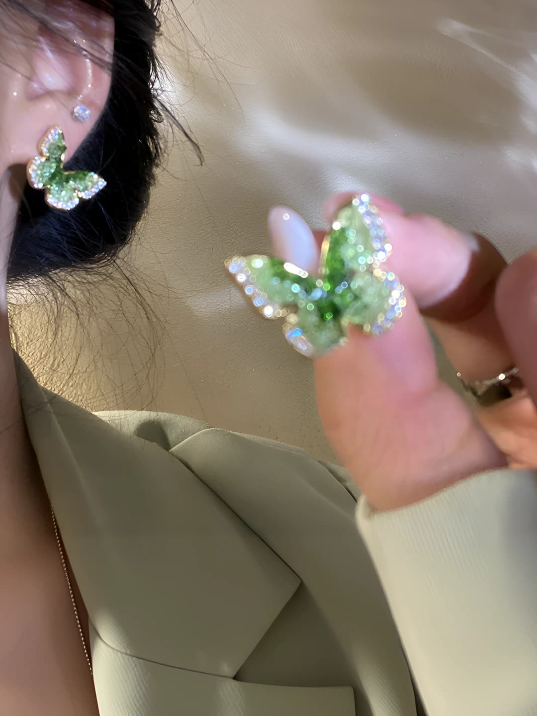 Women's Korean style earrings with green crystal, geometric shape, alloy material with plating, design element butterfly