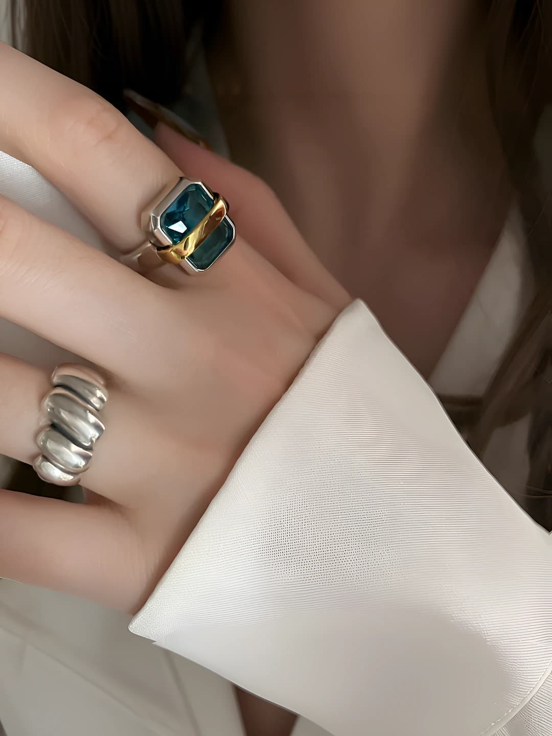 Women's open ring with square stone in retro style, blue