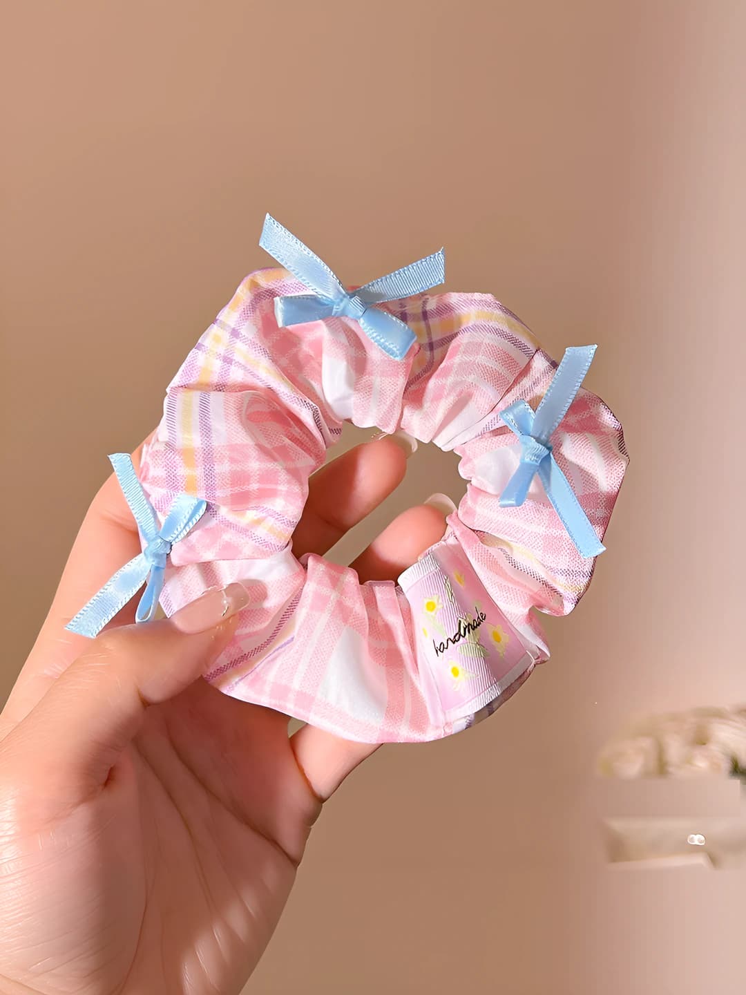 Pink plaid, bow, 11 cm