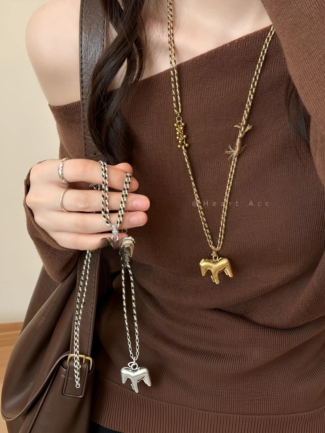 Women's necklace: horse pendant on braided cord, casual style, autumn-winter retro accessory