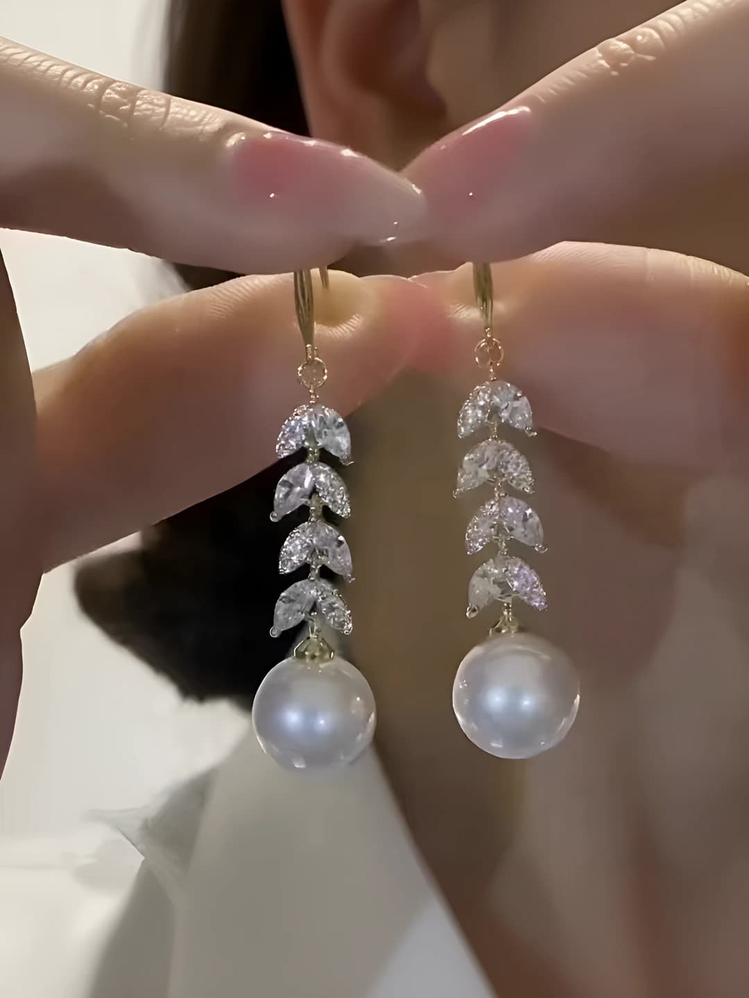 Women's long gold wheat ear zircon and pearl tassel earrings