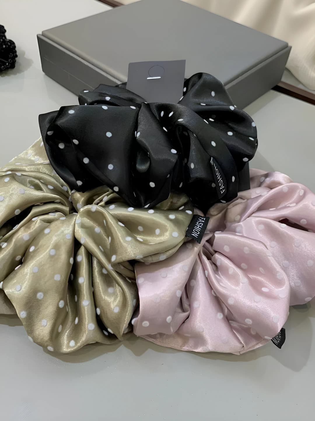 Women's satin polka dot hair scrunchie: large size, handmade, simple style