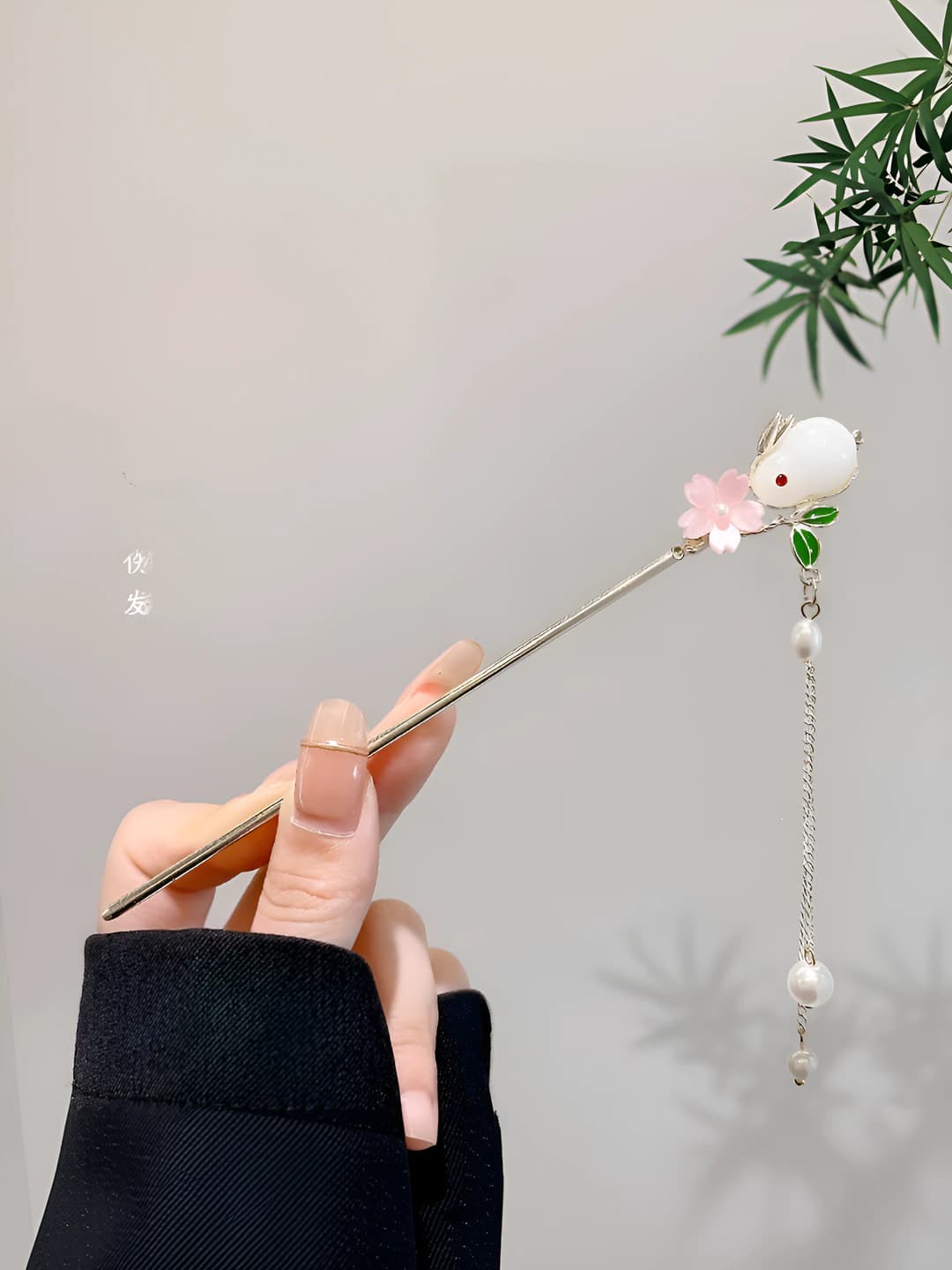74# Jade rabbit flower tassel hairpin - Gold (bagged)