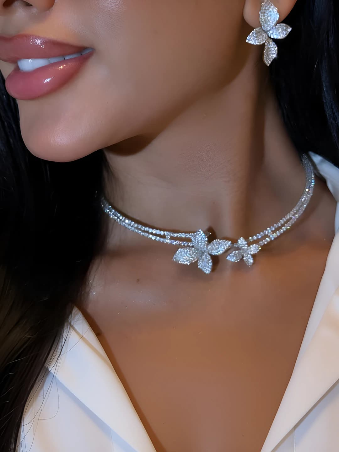 Women's flower choker necklace, double layer, fully rhinestone set, up to 30 cm