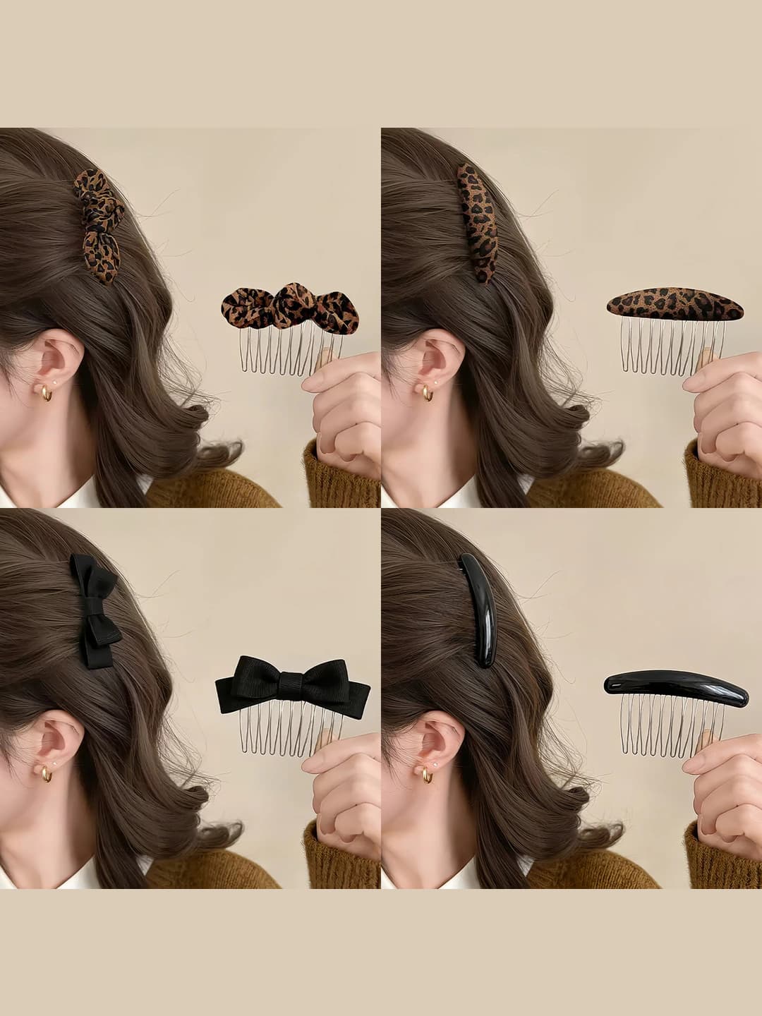 Ayollar uchun qora rangdagi leopard naqshli, retro uslubdagi metall materialli qo'lda ishlangan geometrik shakldagi barmoqqa o'tkaziladigan soch to'qasi