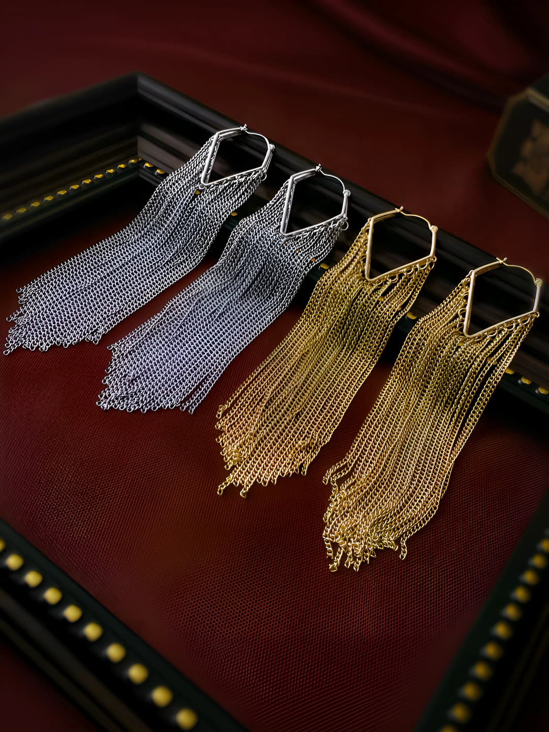 Women's long metal chain fringe earrings, geometric shape, individual style