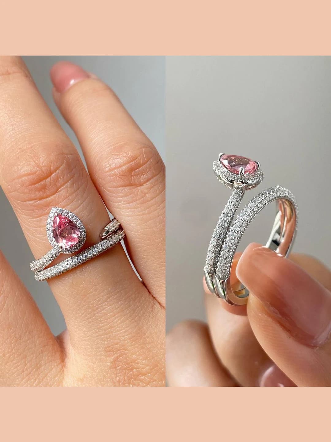 Women's geometric ring with pink zirconia halo