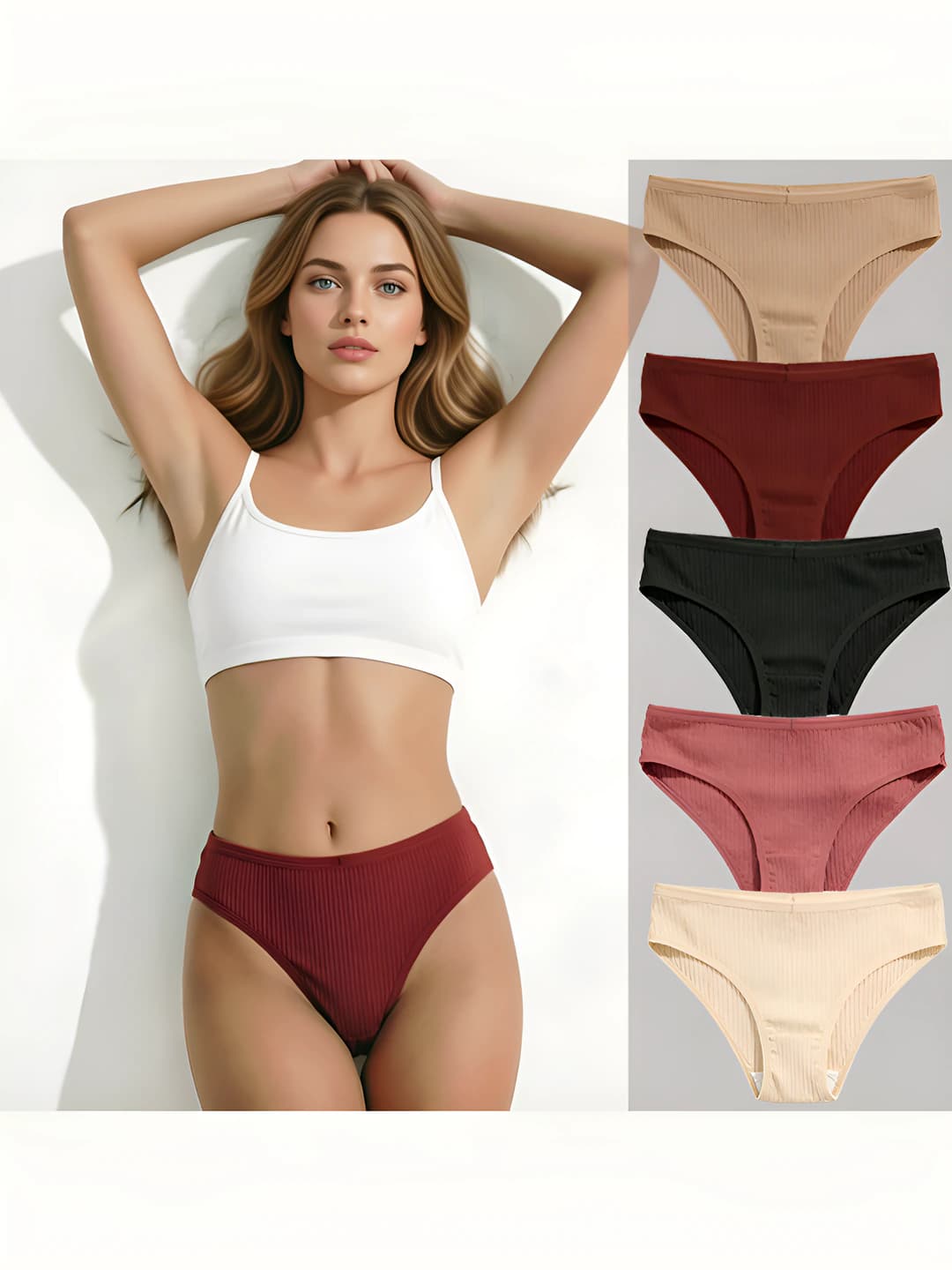 Women's ribbed cotton briefs, solid colour, mid-waist, hip-lifting, breathable, double cotton, high stretch