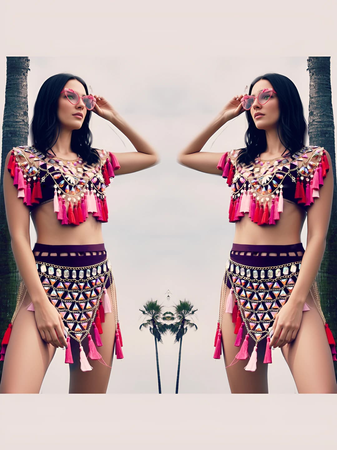 Ayollar uchun akrilik tassel body chain to'plam (komplekt): byustgalter va bel zanjiri