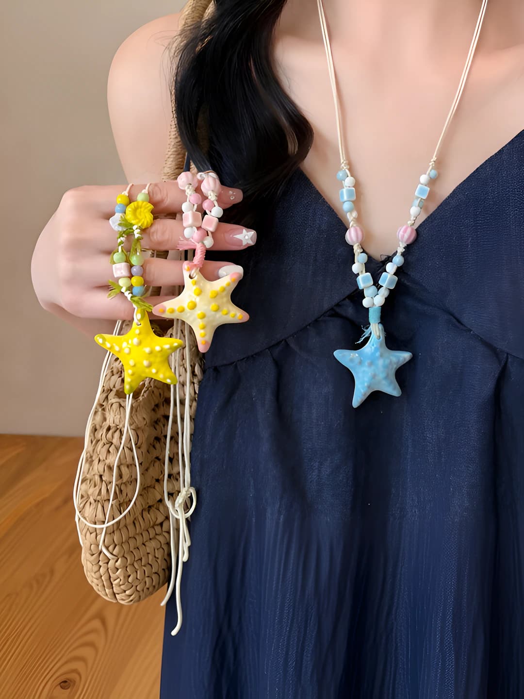 Women's dopamine style beaded necklace with handmade ceramic starfish pendant