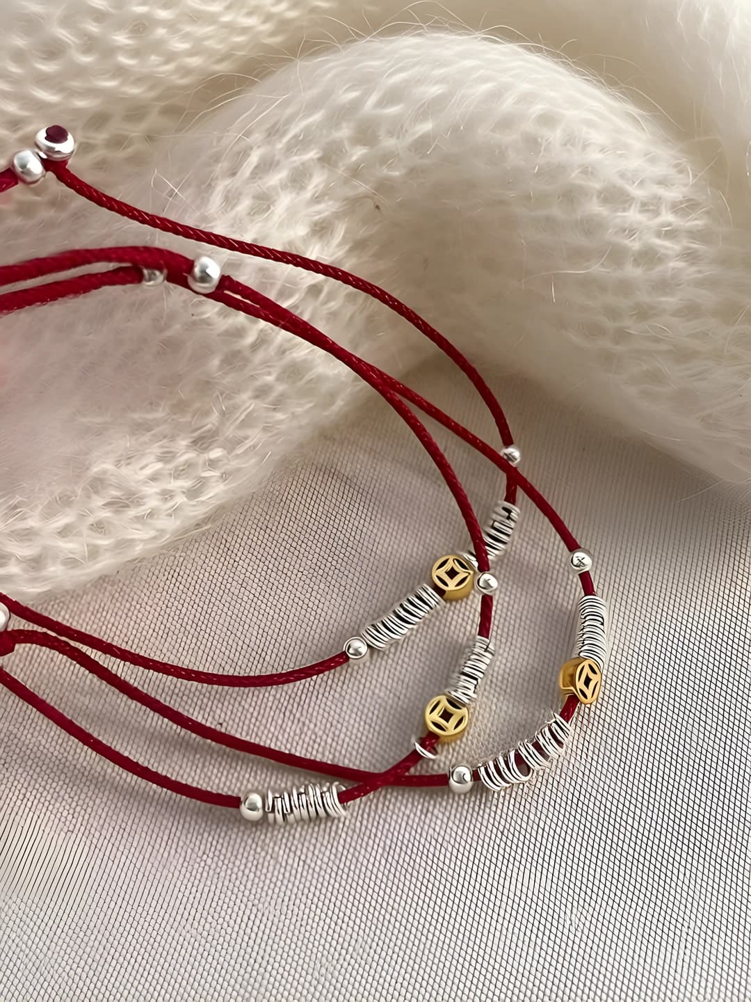 Women's red cord beaded bracelet, bronze, geometric shape, fu character design element, ins style