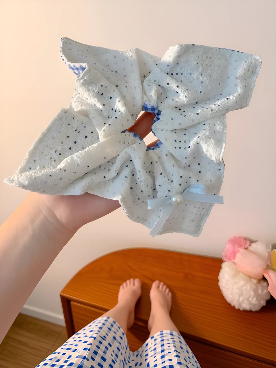 1# Blue plaid lace double-sided-square 24 cm
