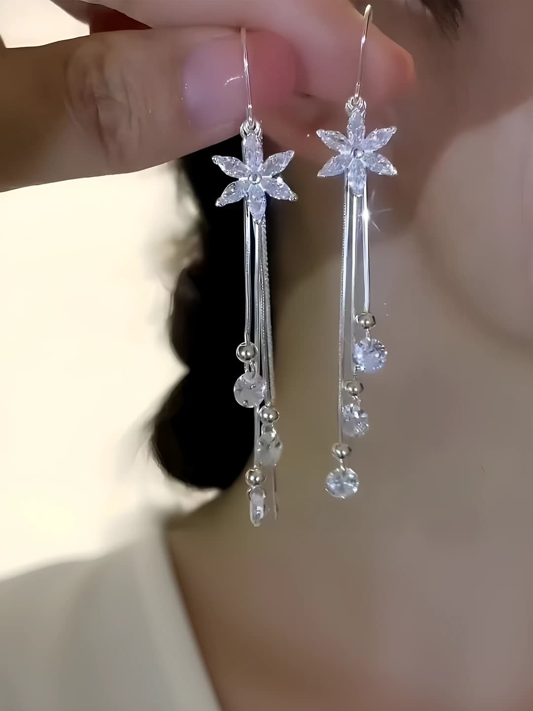 Women's long earrings with rhinestones and floral tassels, 2026, luxury style