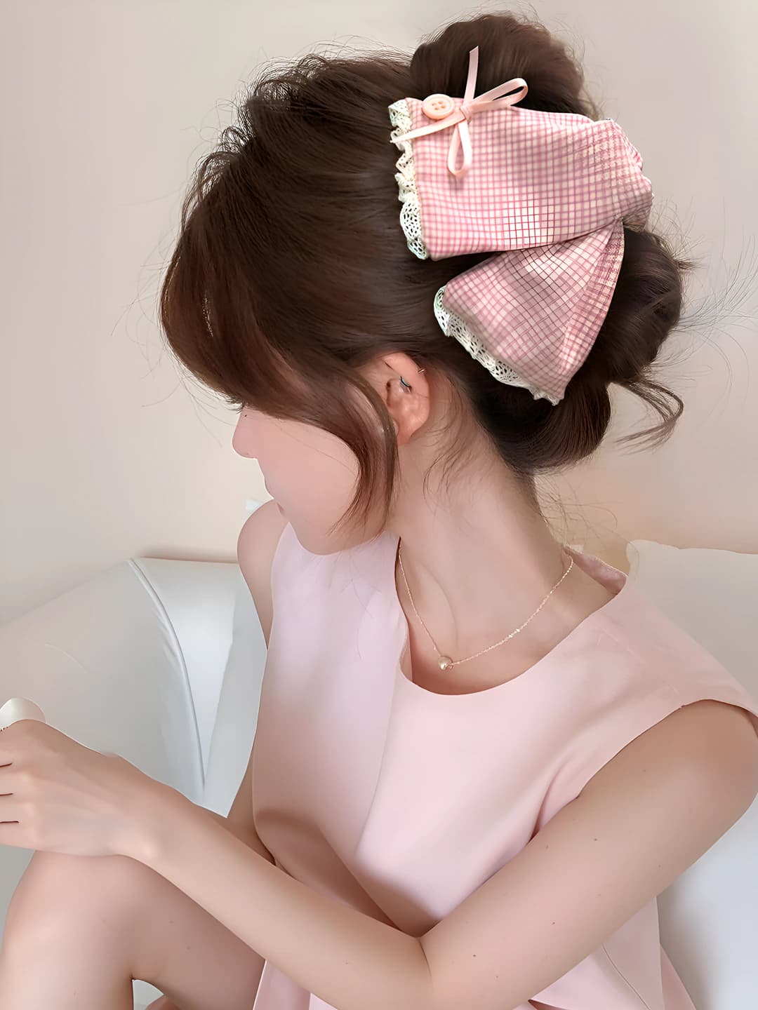 Women's fabric hair claw clip with lace, plaid and ribbon